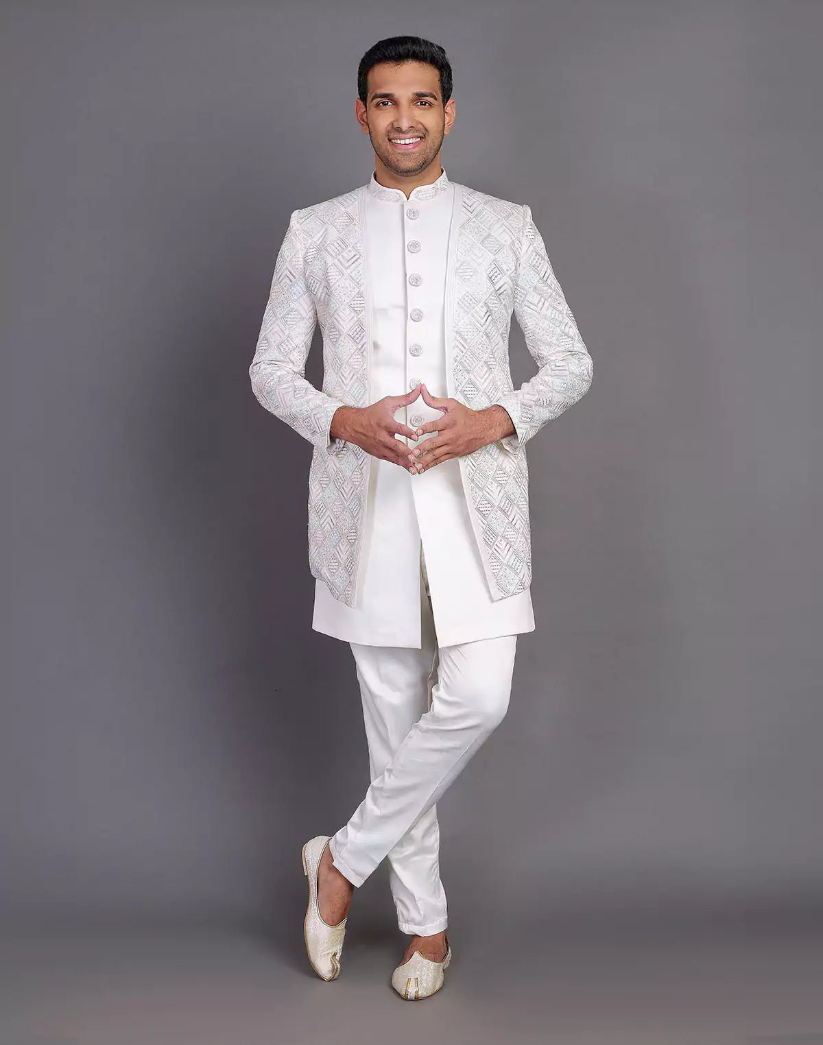Image of Multi Thread Embroidery Work Satin Cream Coloured Indo Open Jacket Style - South India Shopping Mall