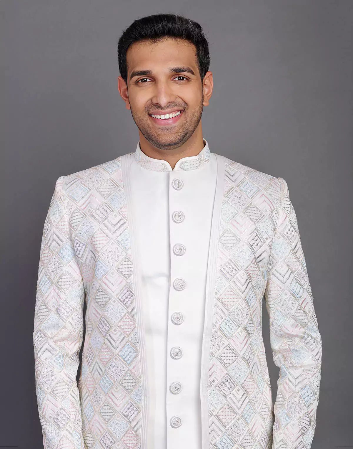 Image of Multi Thread Embroidery Work Satin Cream Coloured Indo Open Jacket Style - South India Shopping Mall