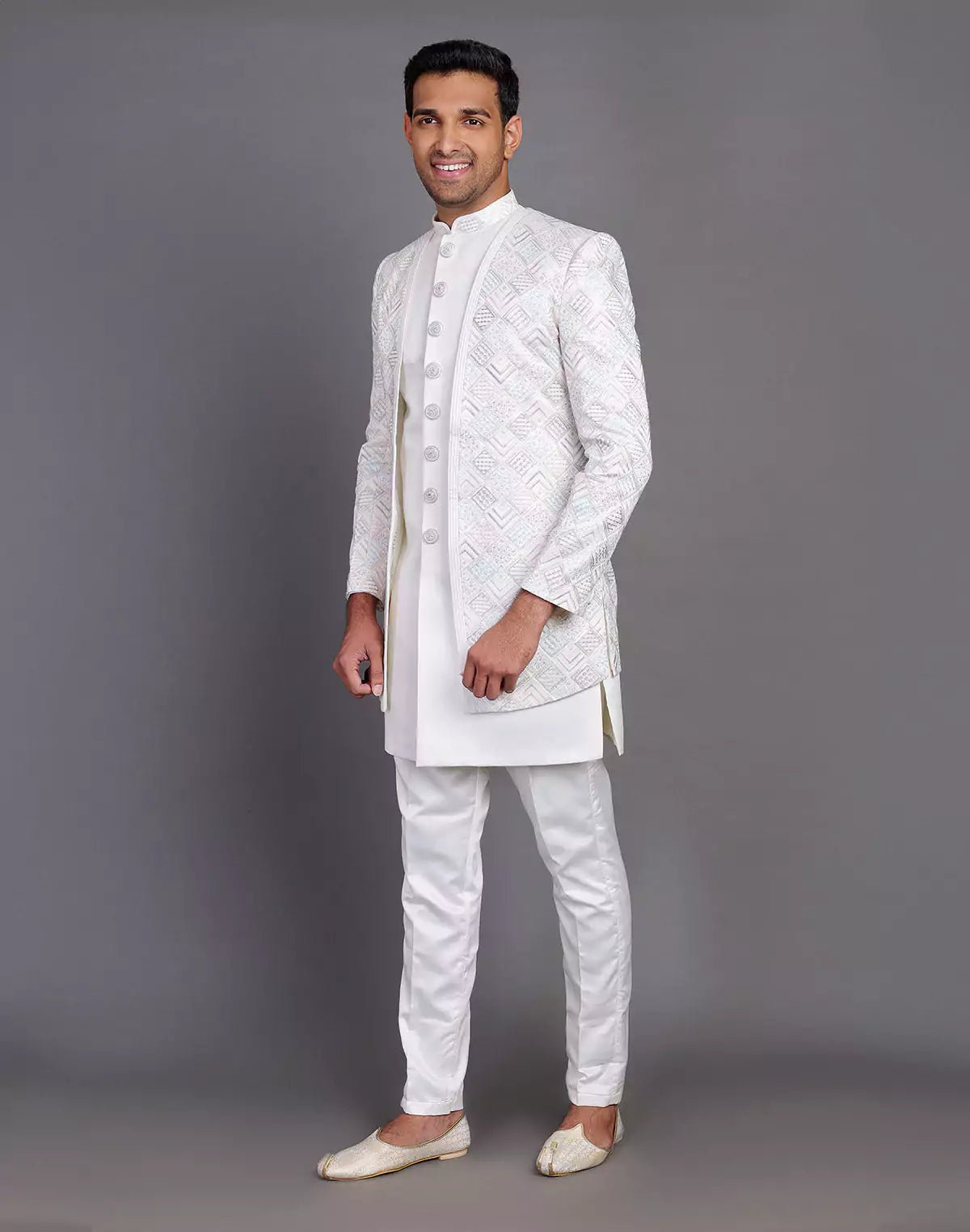 Image of Multi Thread Embroidery Work Satin Cream Coloured Indo Open Jacket Style - South India Shopping Mall