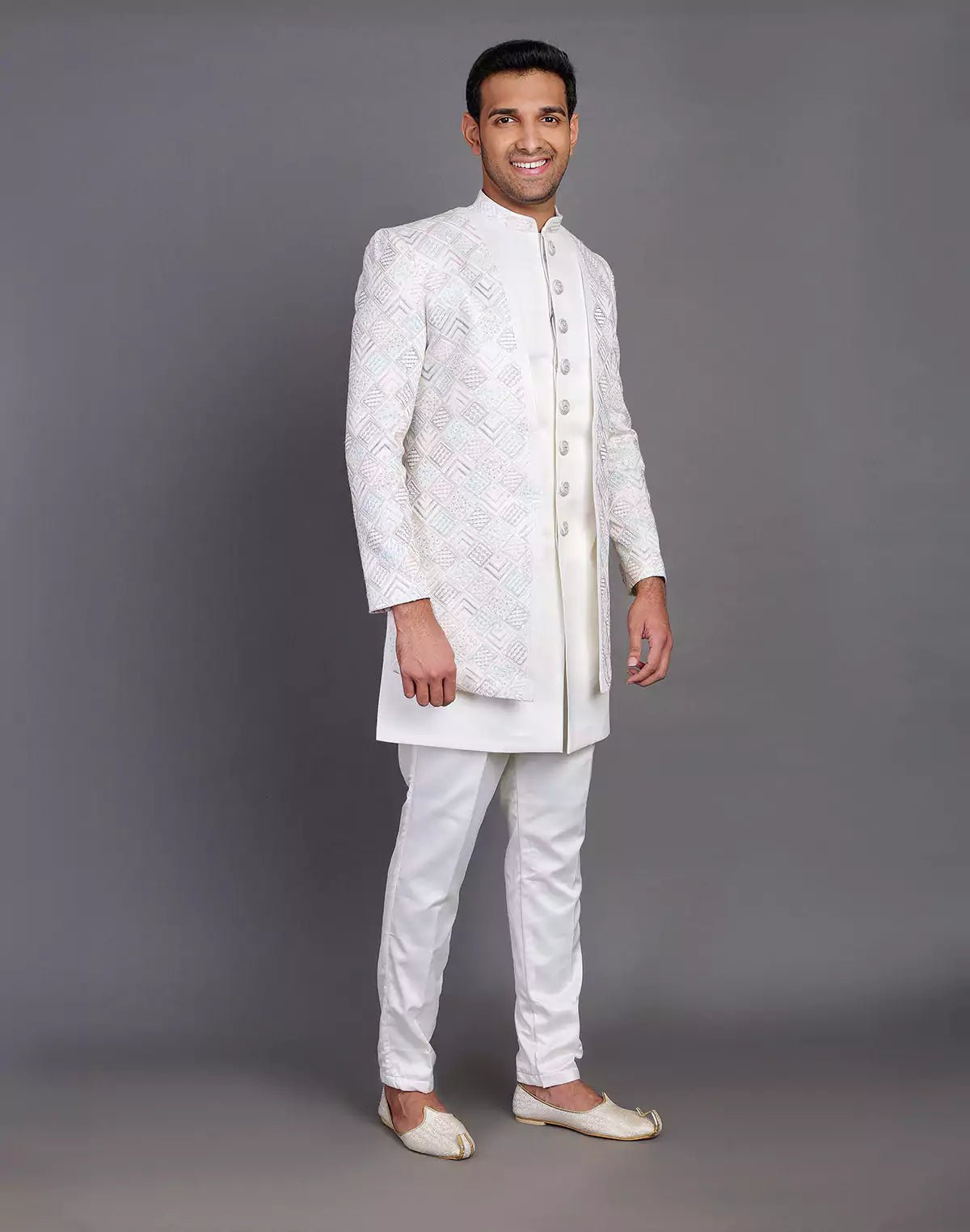 Image of Multi Thread Embroidery Work Satin Cream Coloured Indo Open Jacket Style - South India Shopping Mall