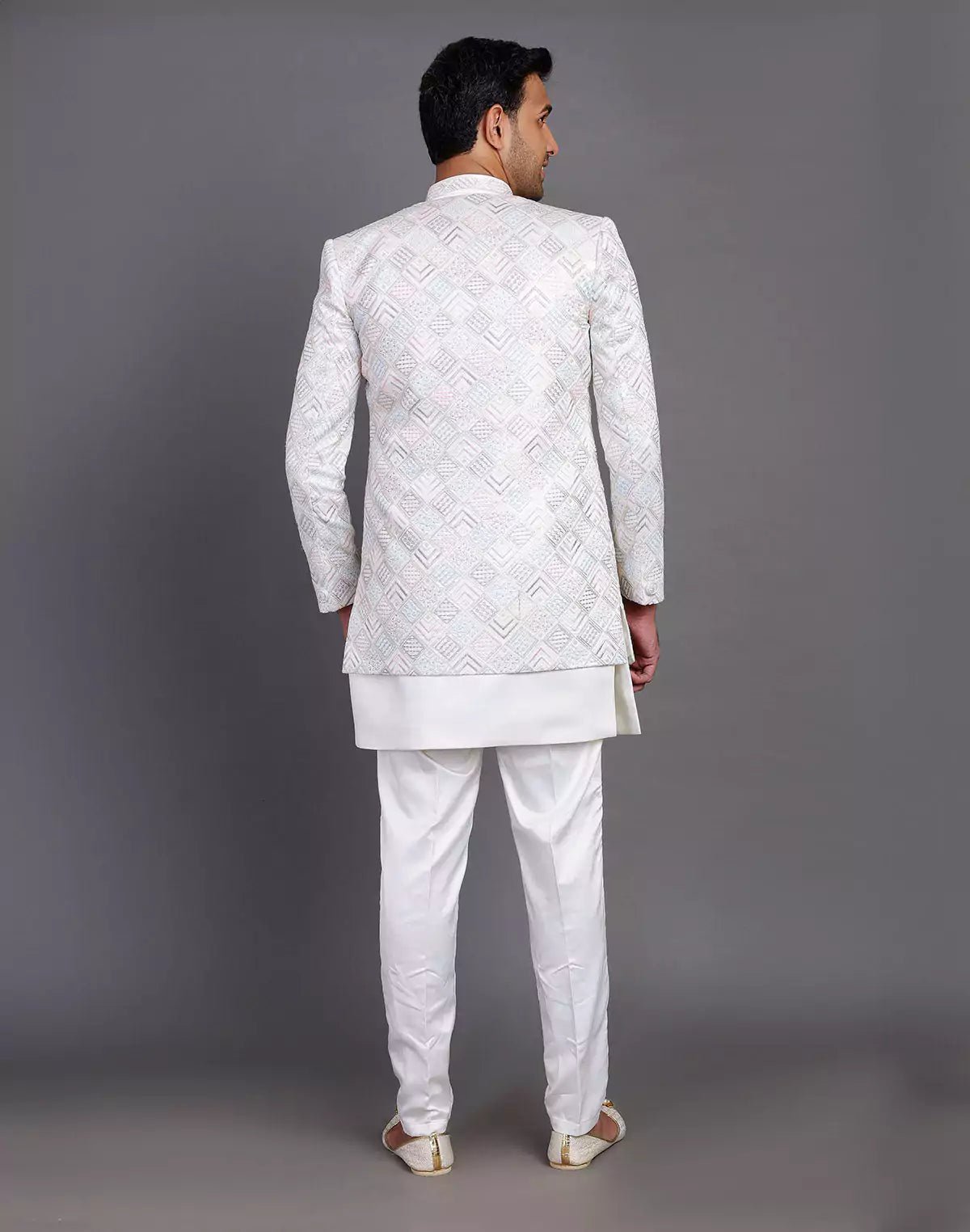 Image of Multi Thread Embroidery Work Satin Cream Coloured Indo Open Jacket Style - South India Shopping Mall