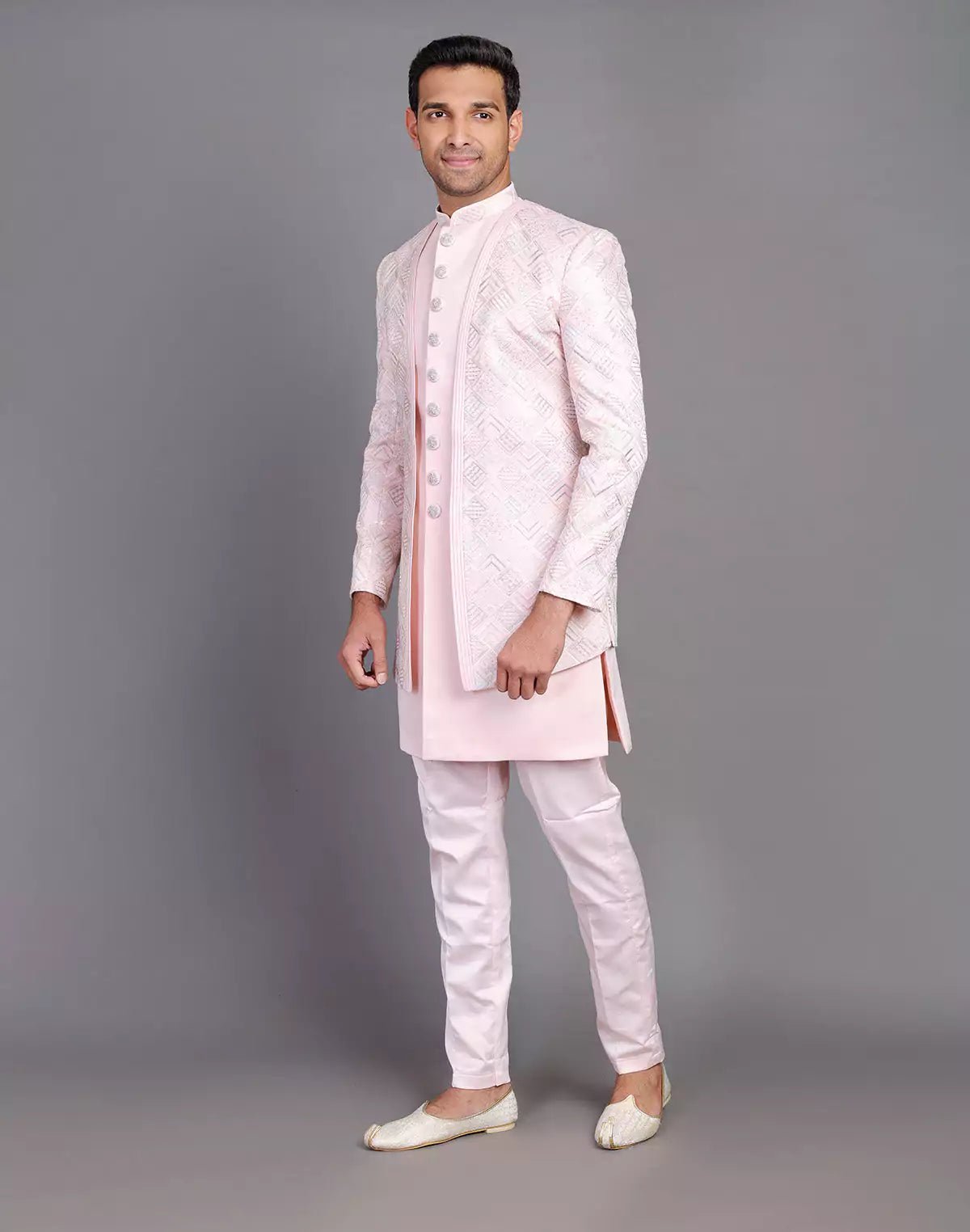 Image of Multi Thread Work Satin Light Pink Indo Open Jacket Style - South India Shopping Mall
