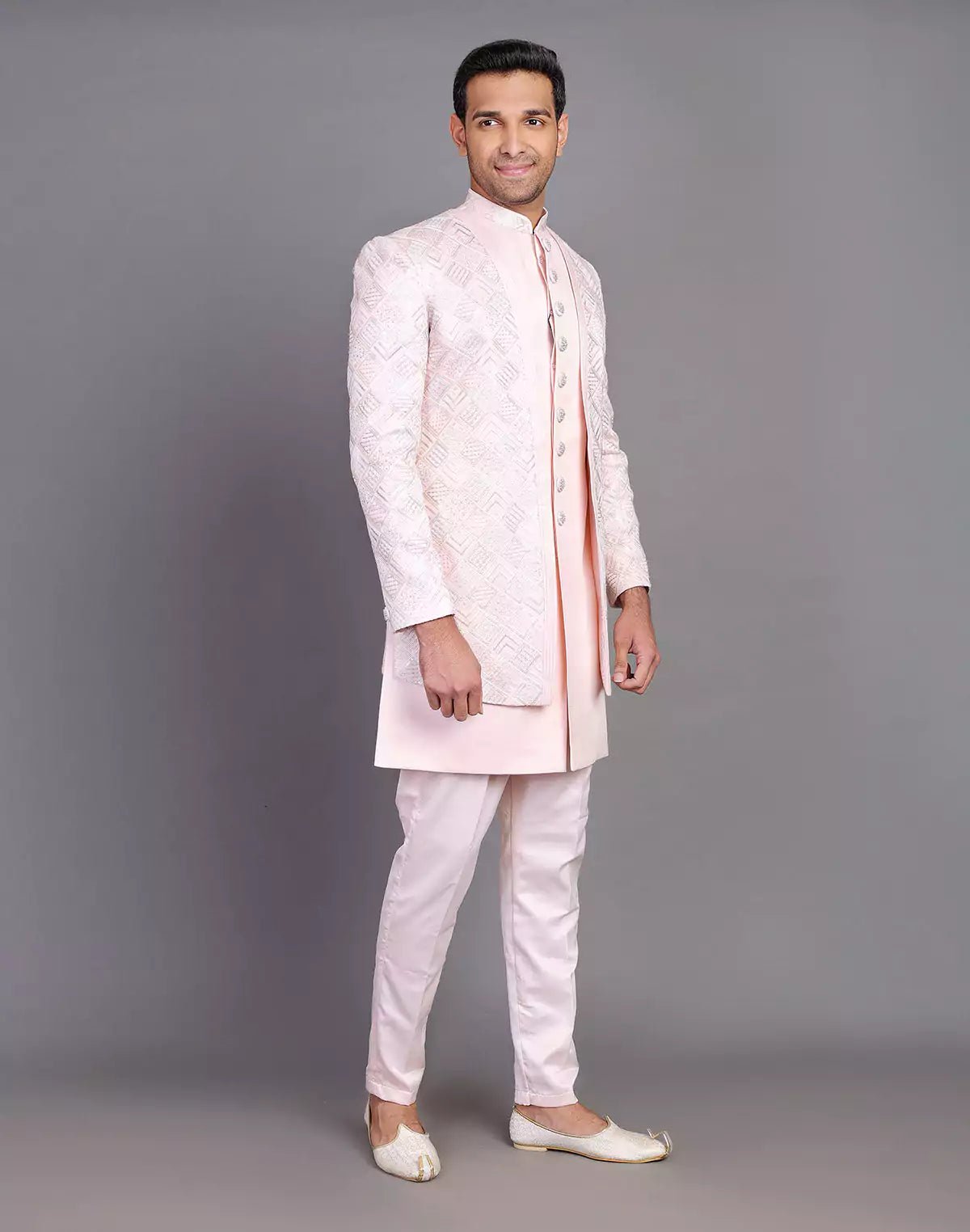 Image of Multi Thread Work Satin Light Pink Indo Open Jacket Style - South India Shopping Mall