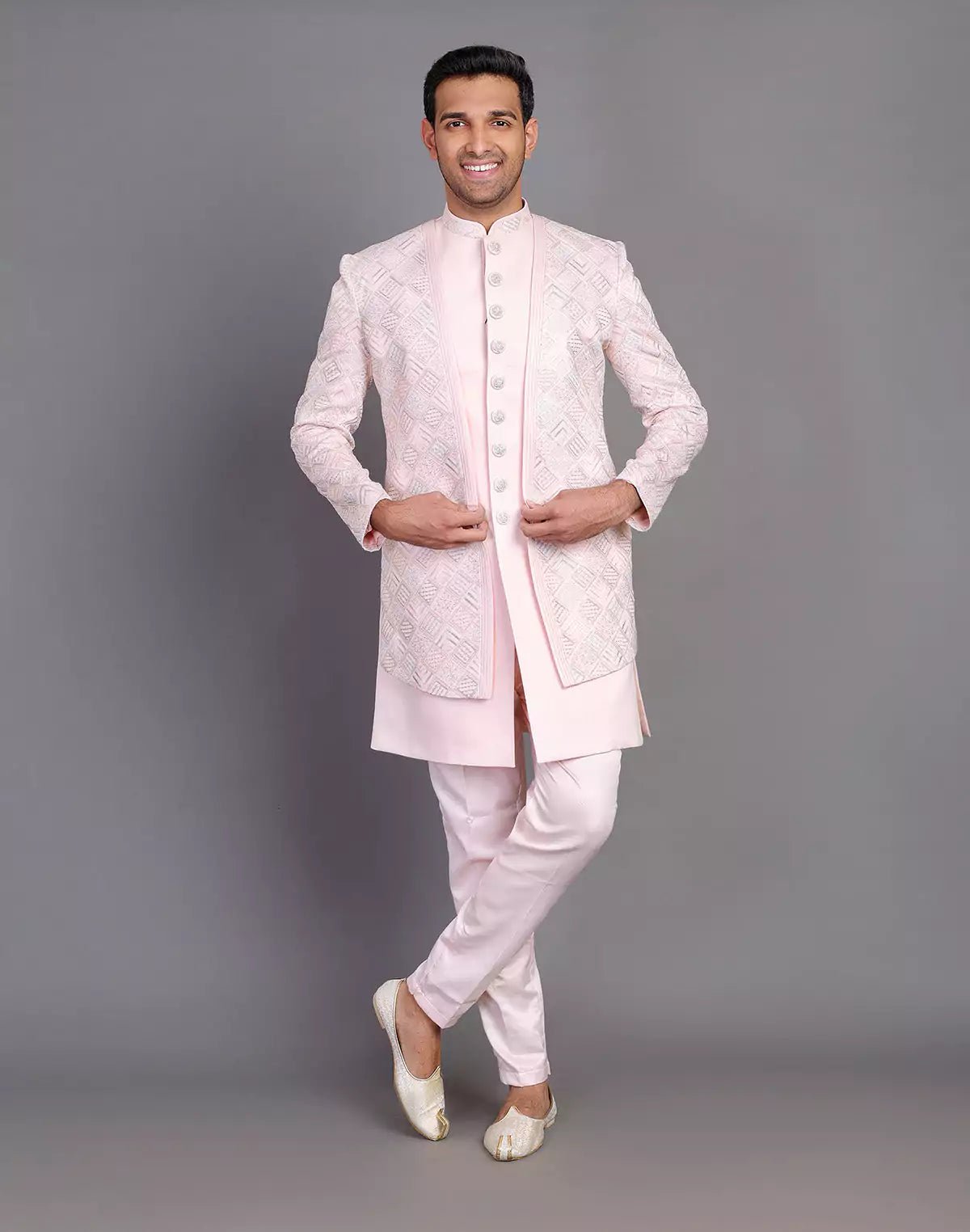 Image of Multi Thread Work Satin Light Pink Indo Open Jacket Style - South India Shopping Mall