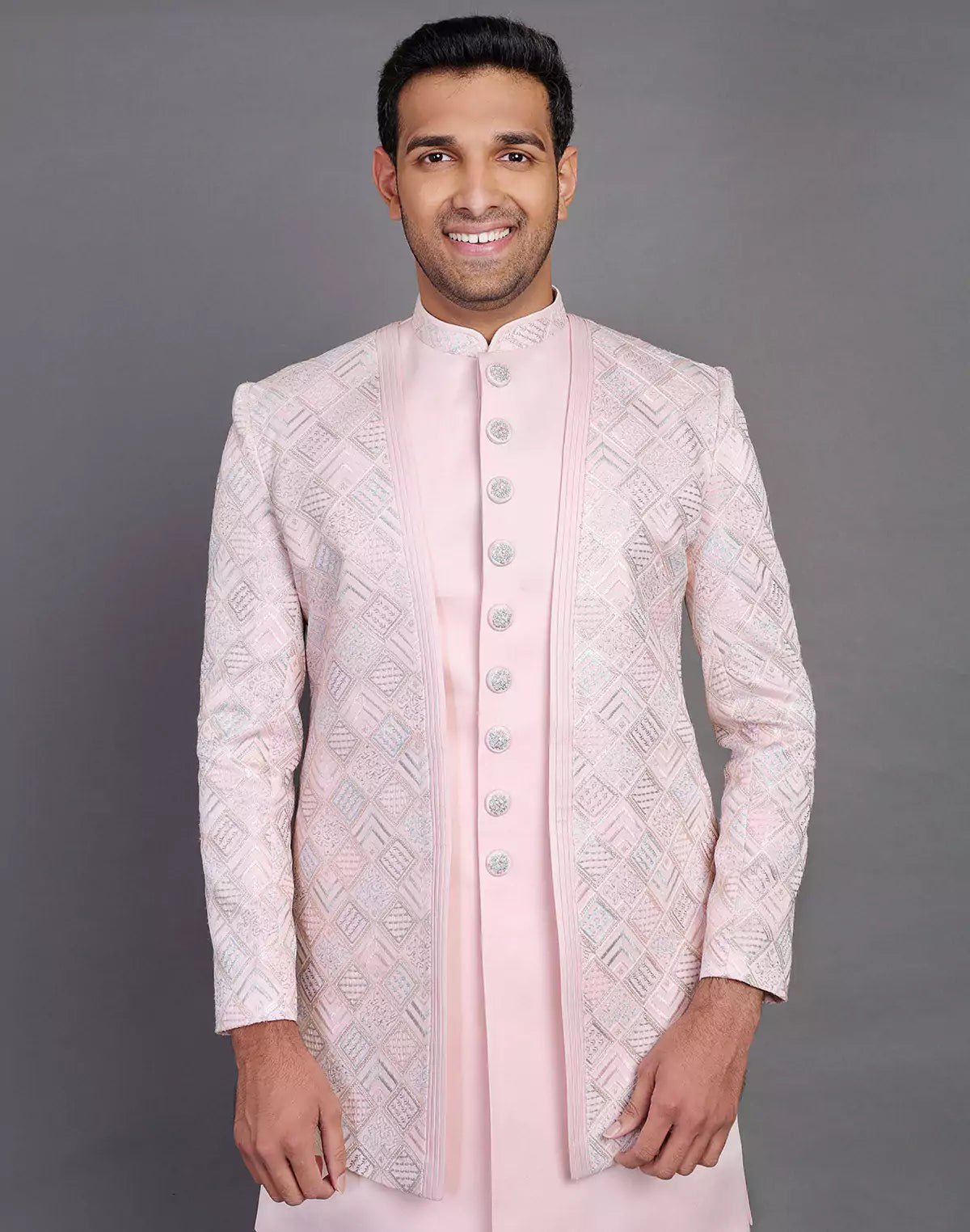 Image of Multi Thread Work Satin Light Pink Indo Open Jacket Style - South India Shopping Mall