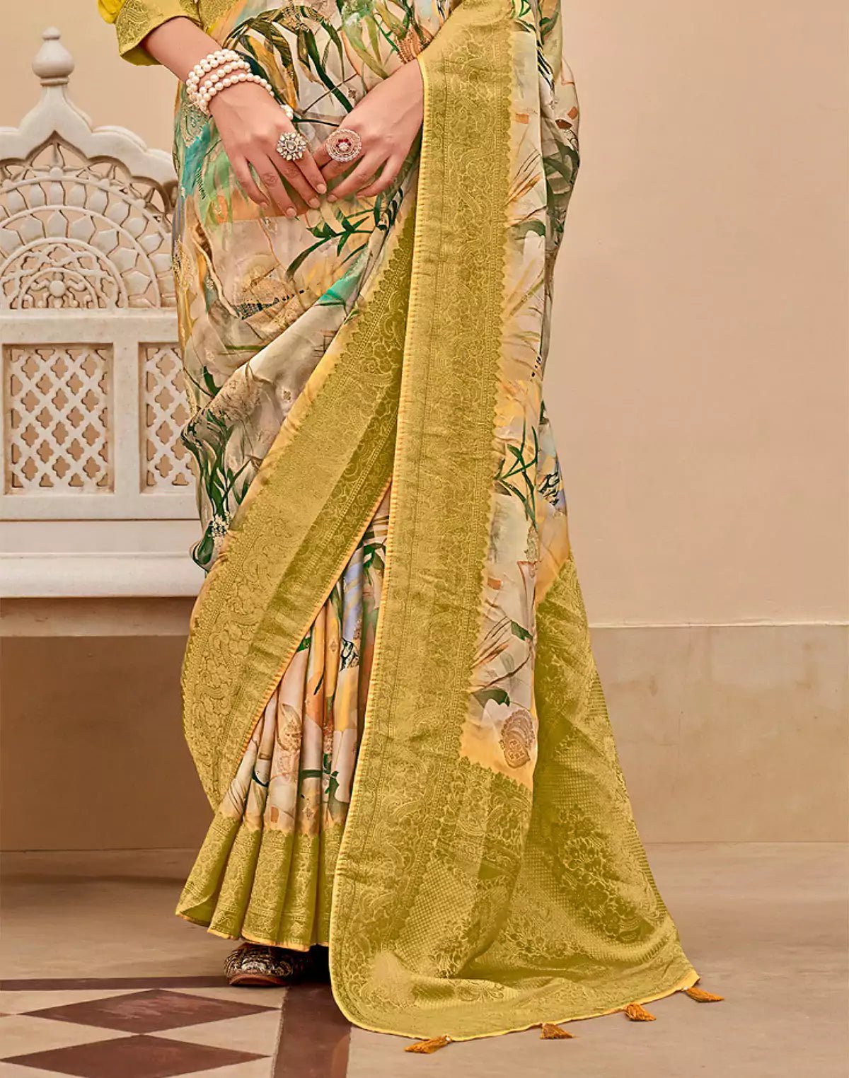 Image of Mustard Art Silk Graphic Print Saree - South India Shopping Mall