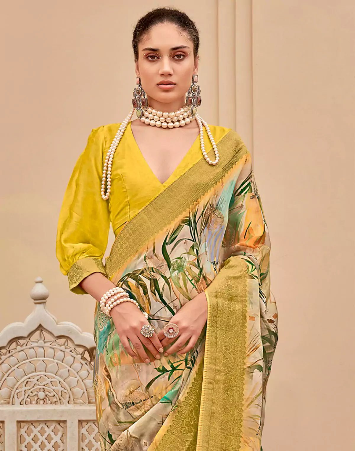 Image of Mustard Art Silk Graphic Print Saree - South India Shopping Mall