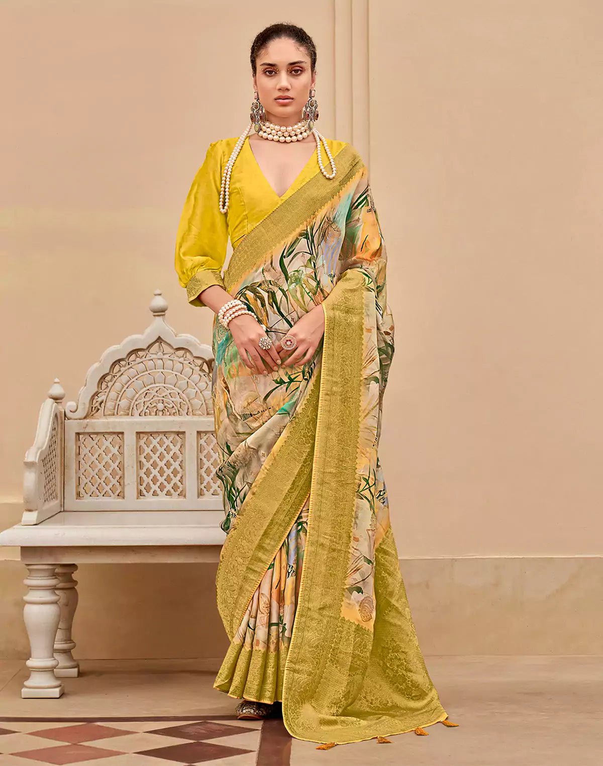 Image of Mustard Art Silk Graphic Print Saree - South India Shopping Mall