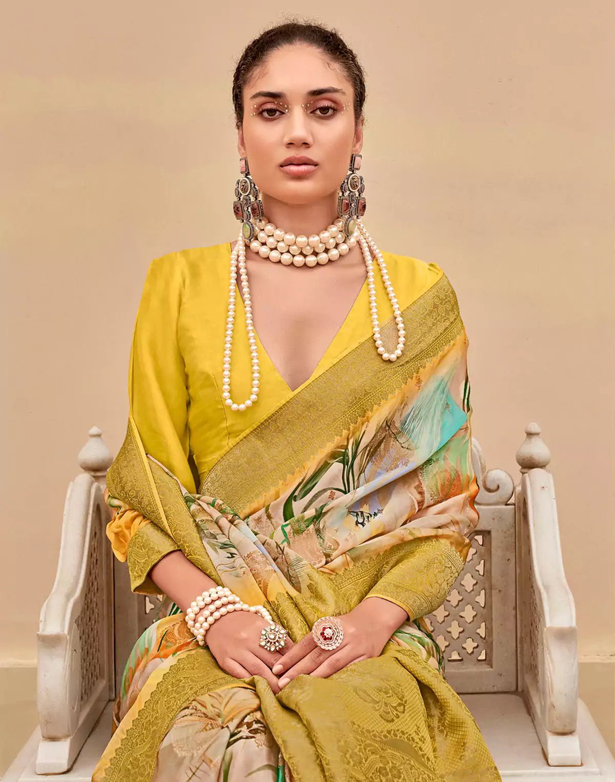 Image of Mustard Art Silk Graphic Print Saree - South India Shopping Mall