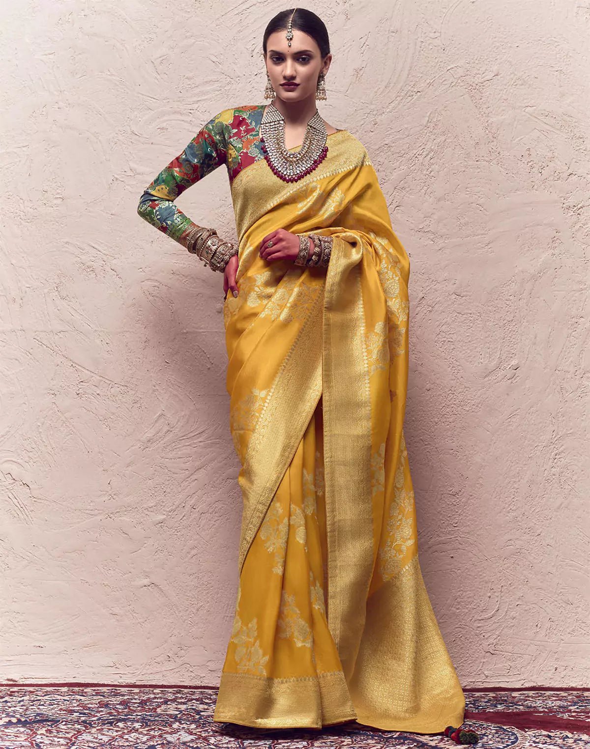Image of Mustard Banarasi Pure Crepe Dola Silk Designer Saree - South India Shopping Mall