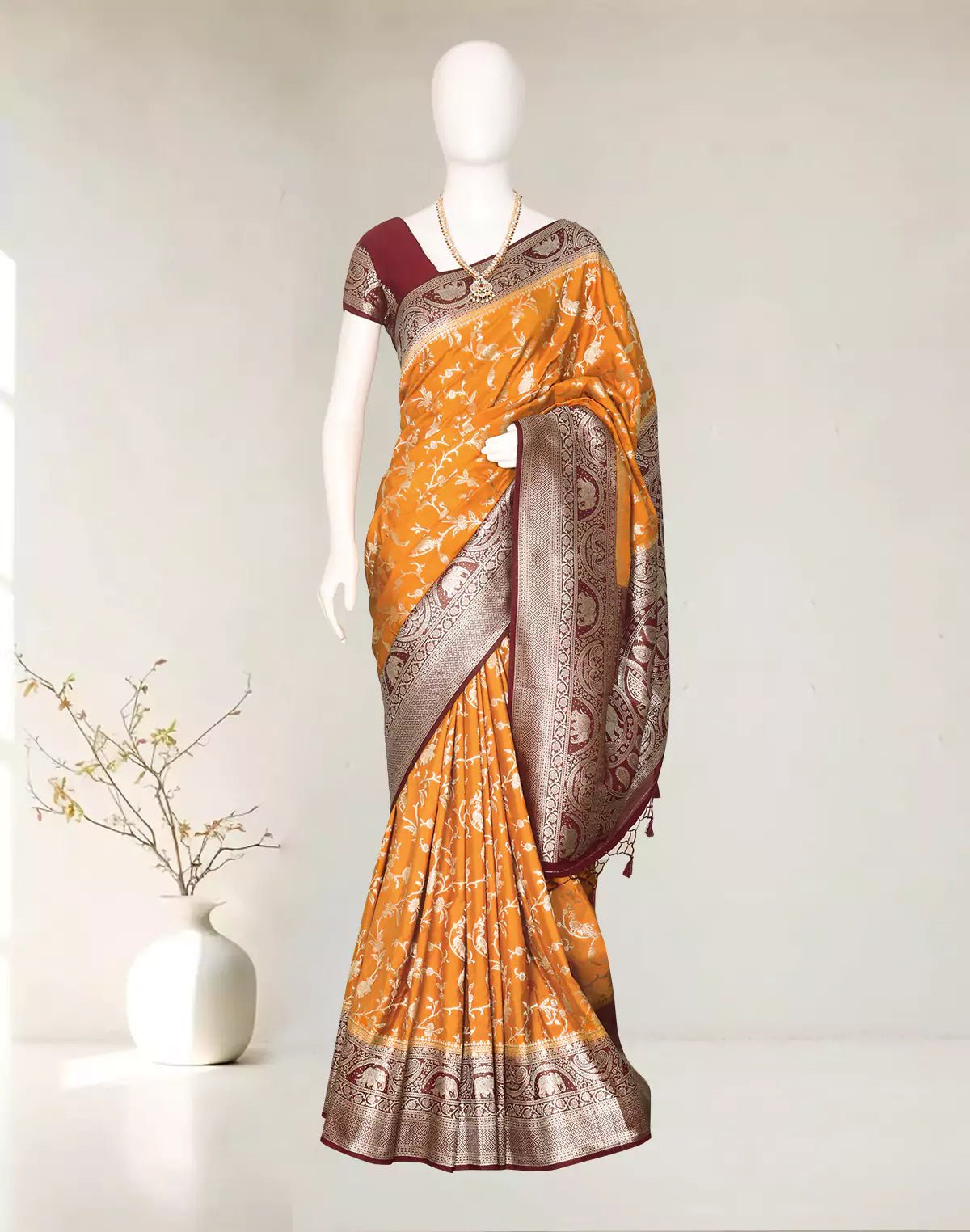 Image of Mustard Birds with Animal Zari Banaras Jute Silk Saree - South India Shopping Mall