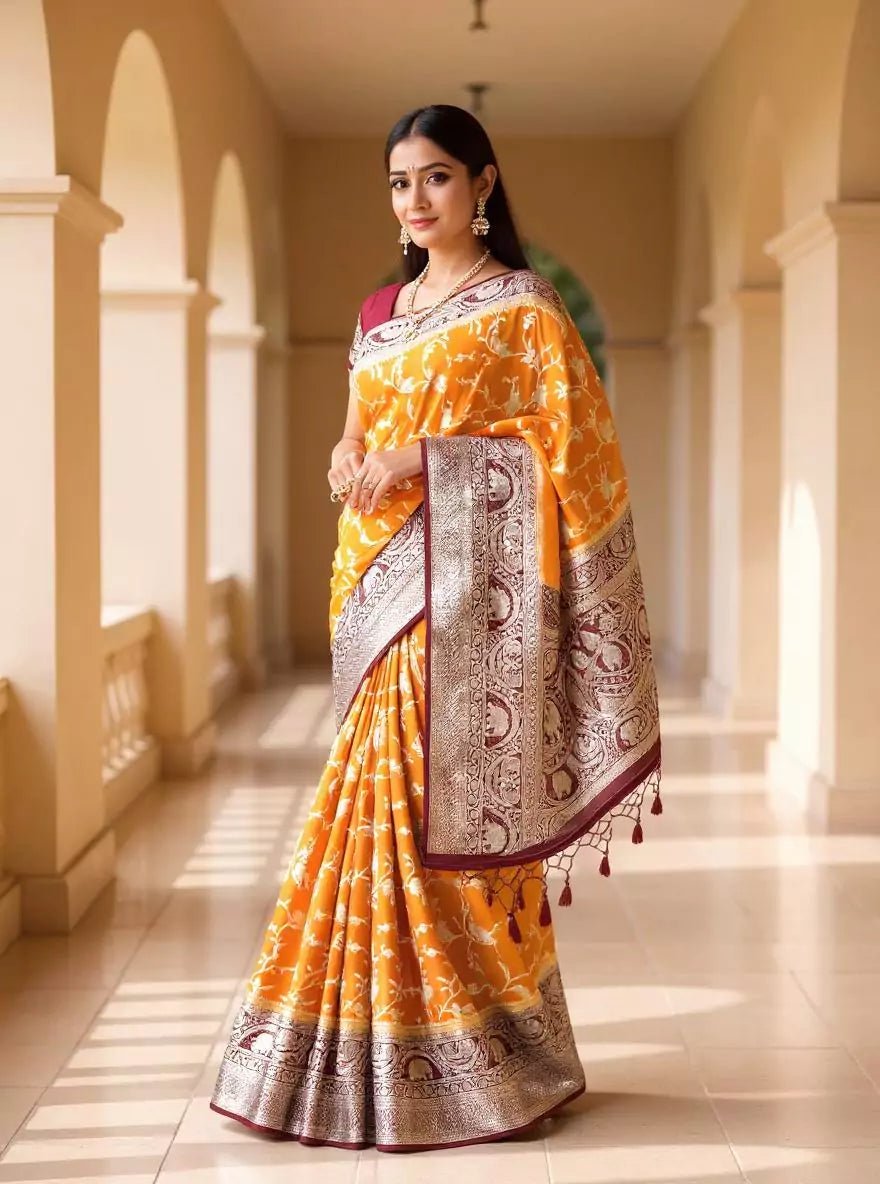 Mustard Birds with Animal Zari Banaras Jute Silk Saree - South India Shopping Mall
