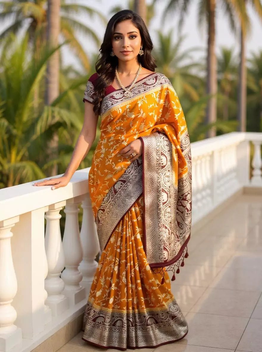 Image of Mustard Birds with Animal Zari Banaras Jute Silk Saree - South India Shopping Mall
