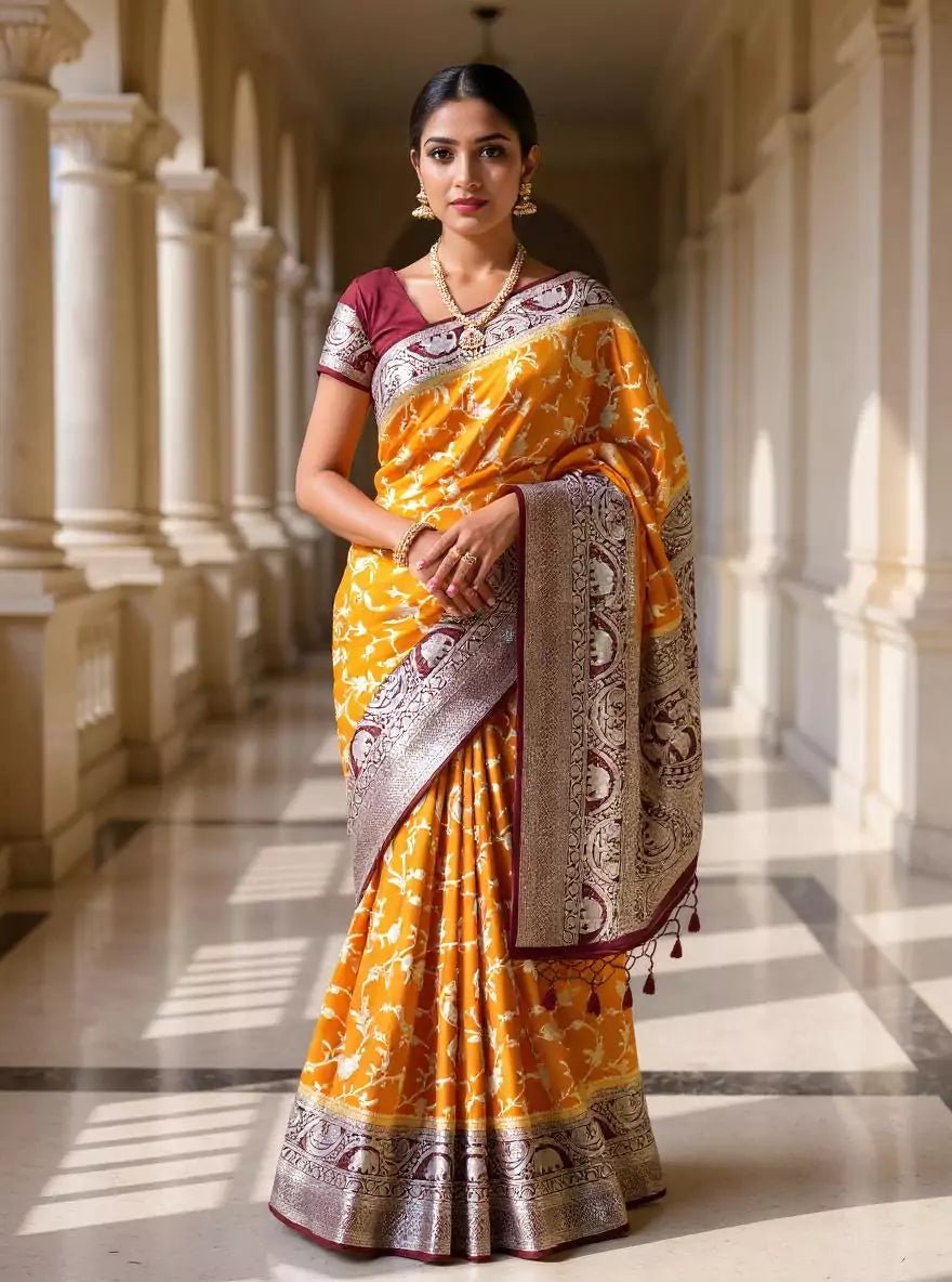 Mustard Birds with Animal Zari Banaras Jute Silk Saree - South India Shopping Mall
