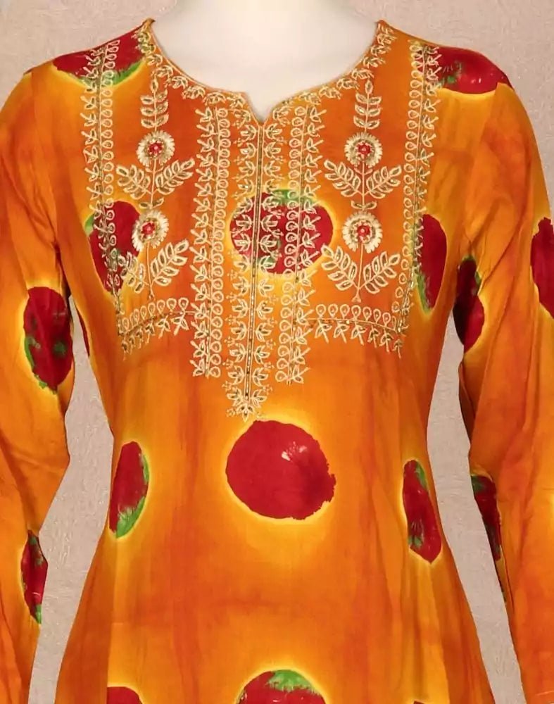 Image of Mustard Floral Beads work Rayon Kurti - South India Shopping Mall