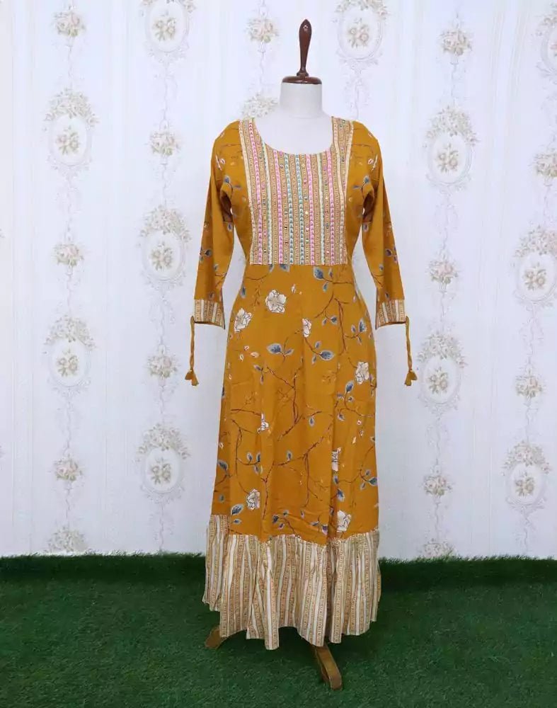 Image of Mustard Floral Cotton Mirror Kurti - South India Shopping Mall