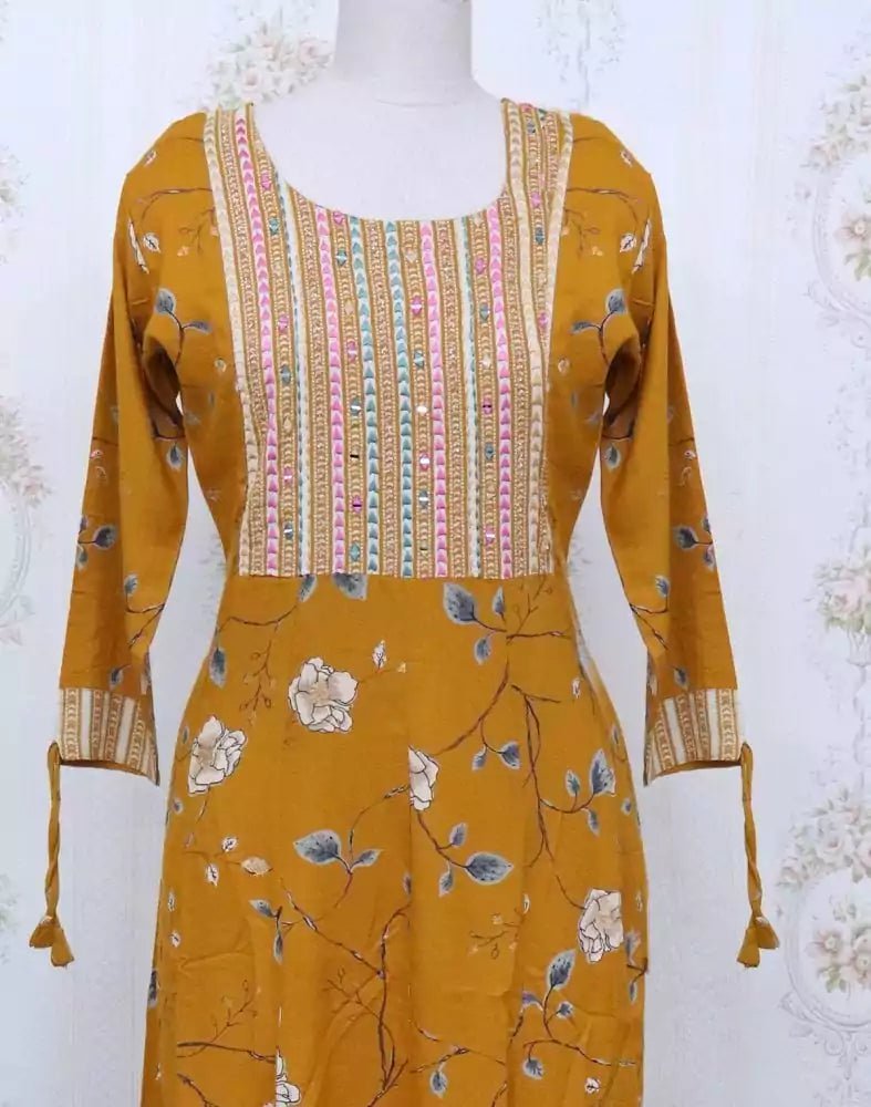 Image of Mustard Floral Cotton Mirror Kurti - South India Shopping Mall