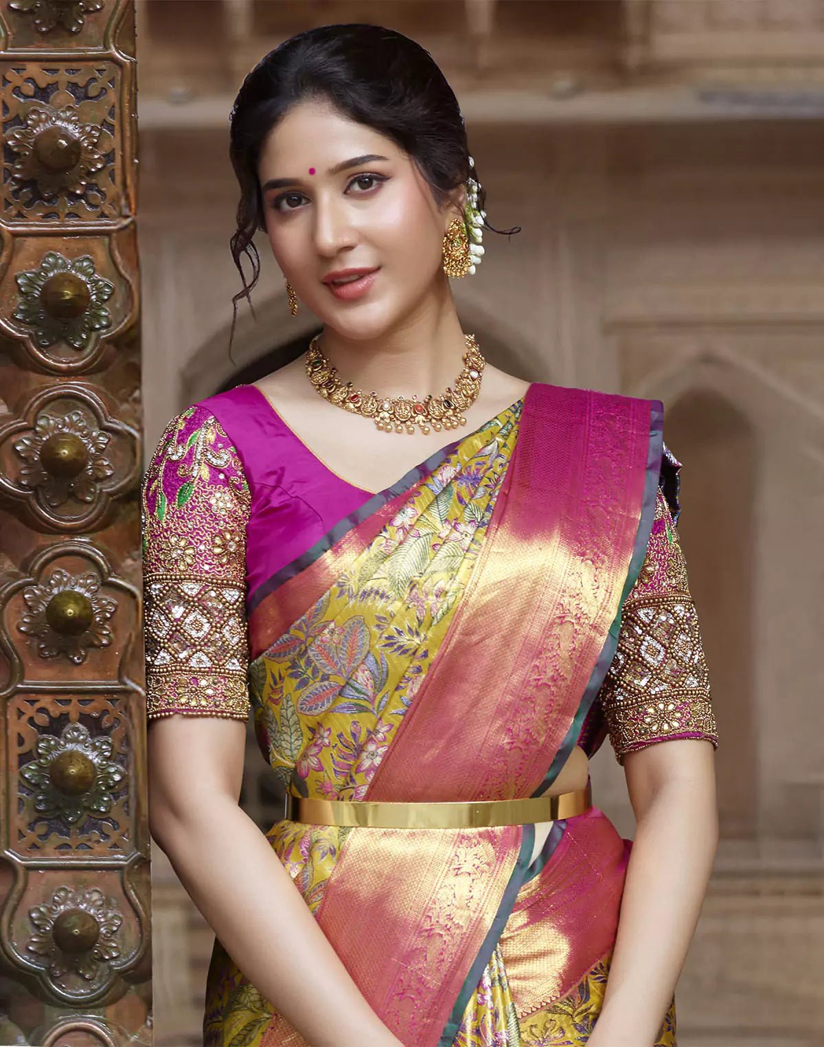 Mustard Floral Design Kanchipuram Pure Silk Contrast Border Saree - South India Shopping Mall