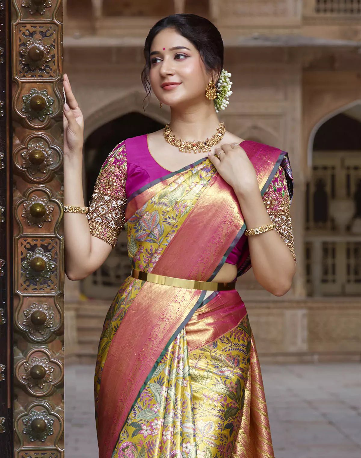 Mustard Floral Design Kanchipuram Pure Silk Contrast Border Saree - South India Shopping Mall