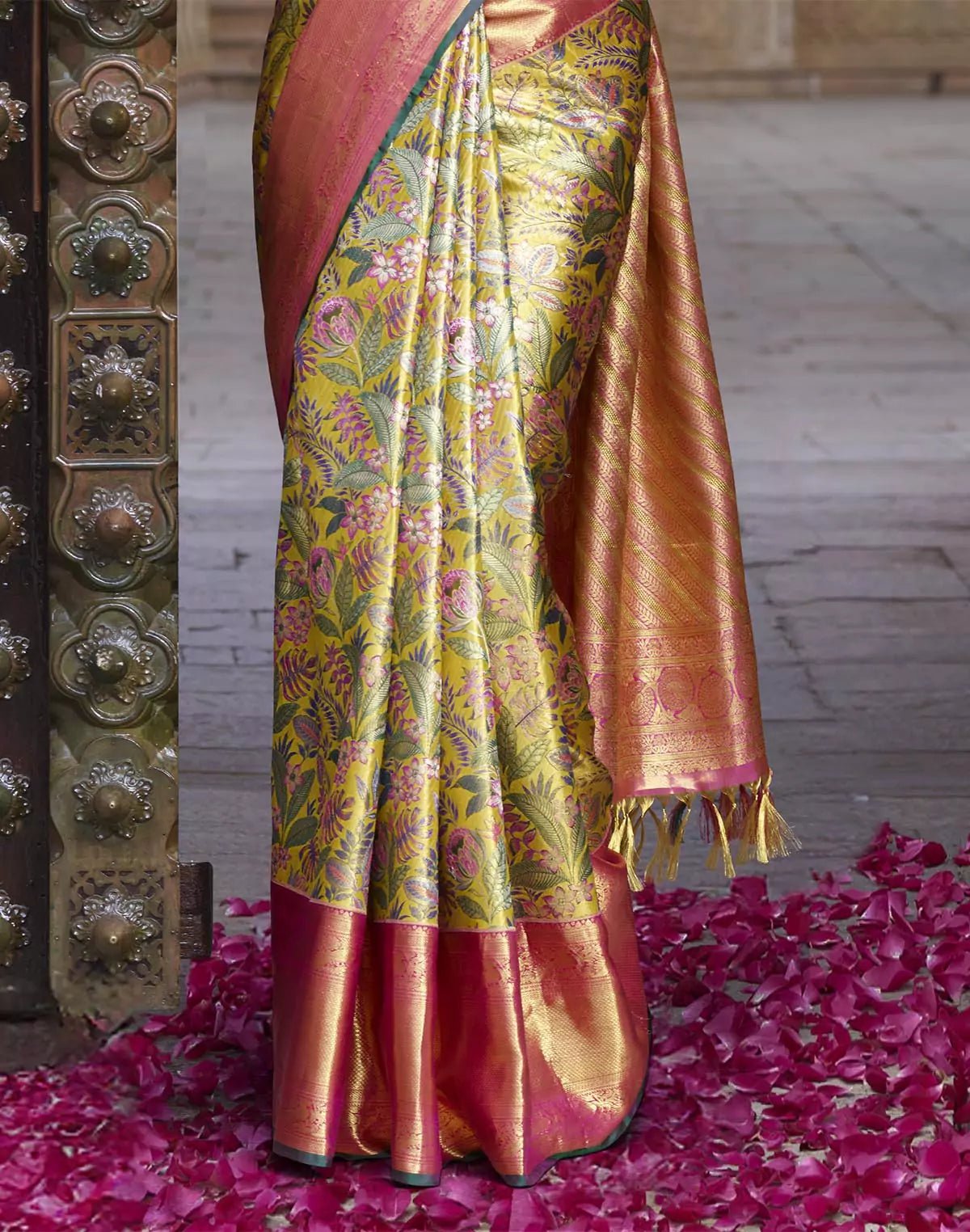 Image of Mustard Floral Design Kanchipuram Pure Silk Contrast Border Saree - South India Shopping Mall