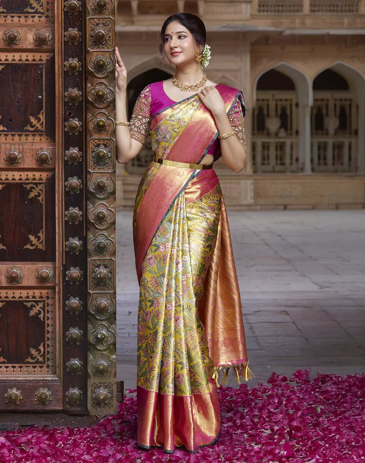 Image of Mustard Floral Design Kanchipuram Pure Silk Contrast Border Saree - South India Shopping Mall