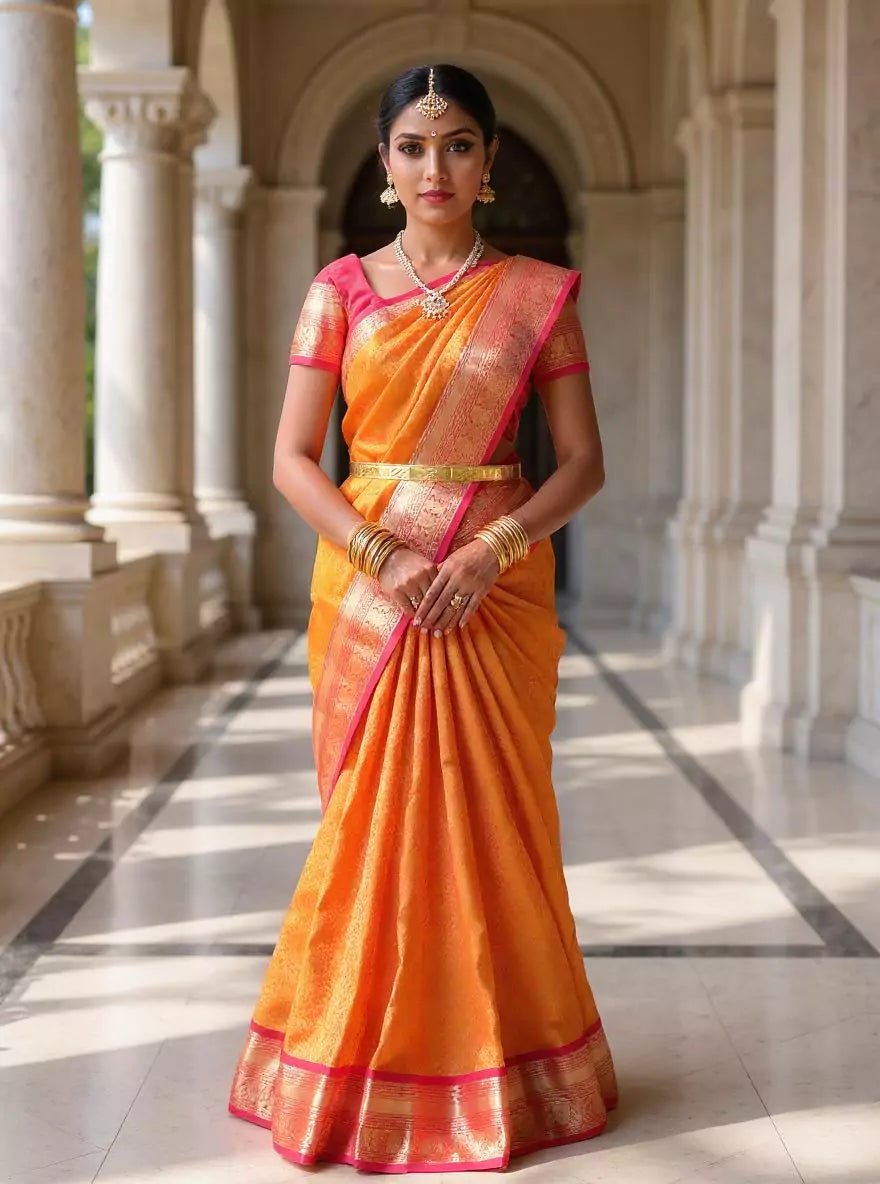 Image of Mustard Floral Golden Zari work Kanchi Pattu Contrast Border Saree with Blouse - South India Shopping Mall