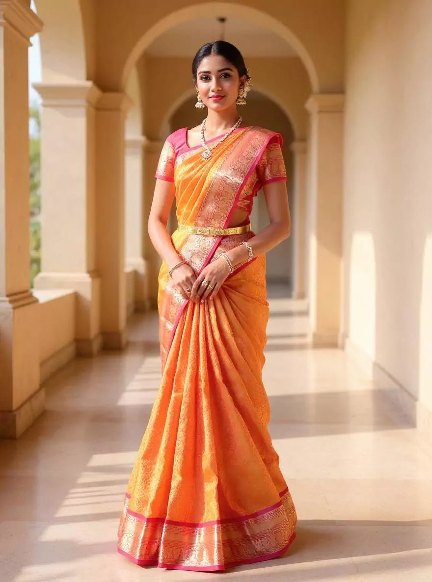 Image of Mustard Floral Golden Zari work Kanchi Pattu Contrast Border Saree with Blouse - South India Shopping Mall
