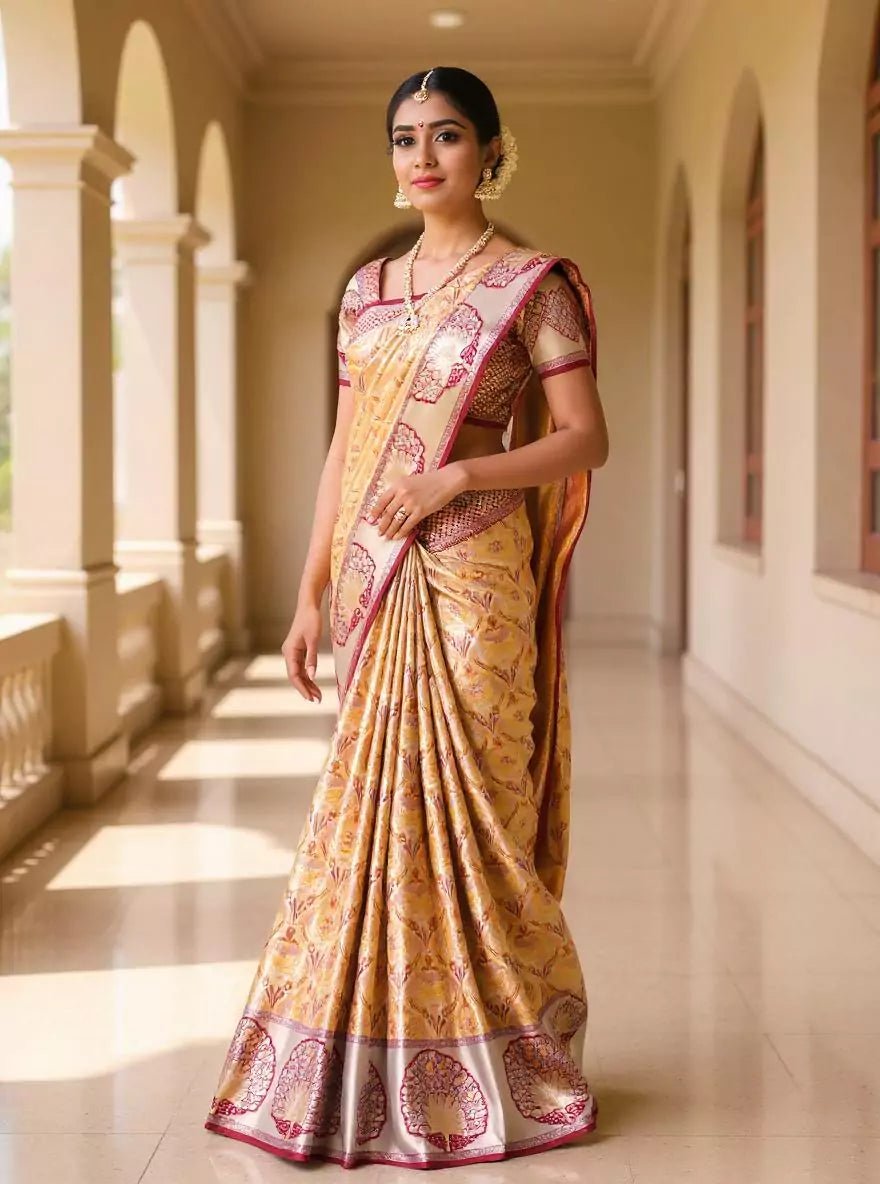 Image of Mustard Floral Kanchi Meenakari Pattu Saree - South India Shopping Mall