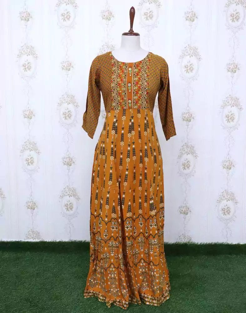 Image of Mustard Floral Rayon Embroidery Kurti - South India Shopping Mall