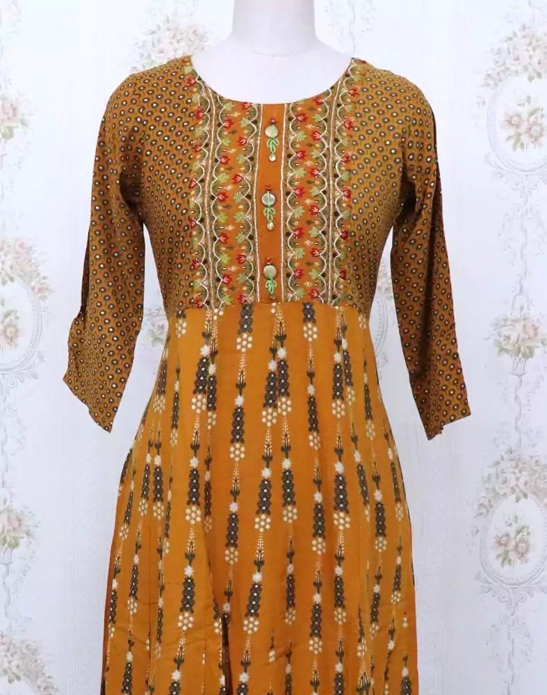 Image of Mustard Floral Rayon Embroidery Kurti - South India Shopping Mall