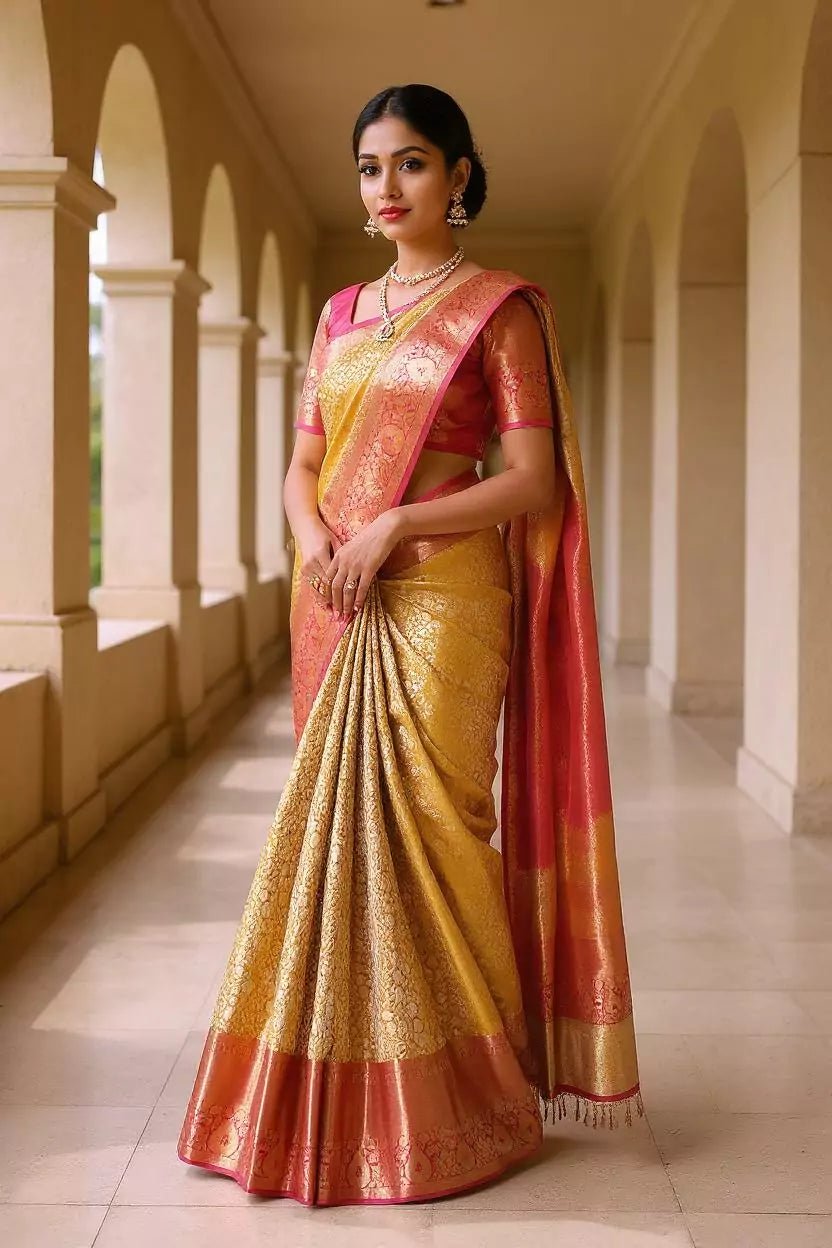 Image of Mustard Floral with Paisely Kanchi Bridal Silk Saree and Contrast Zari Border - South India Shopping Mall