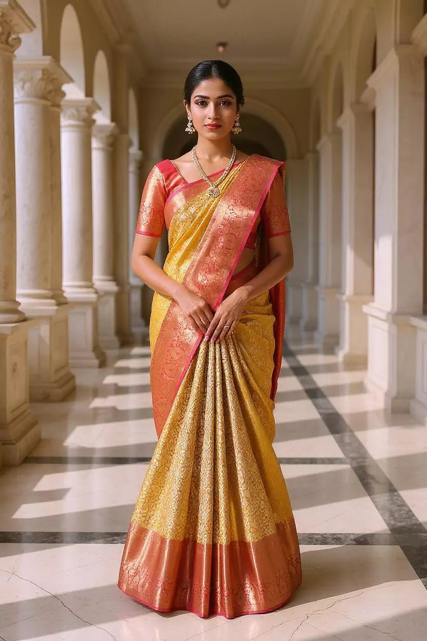 Image of Mustard Floral with Paisely Kanchi Bridal Silk Saree and Contrast Zari Border - South India Shopping Mall
