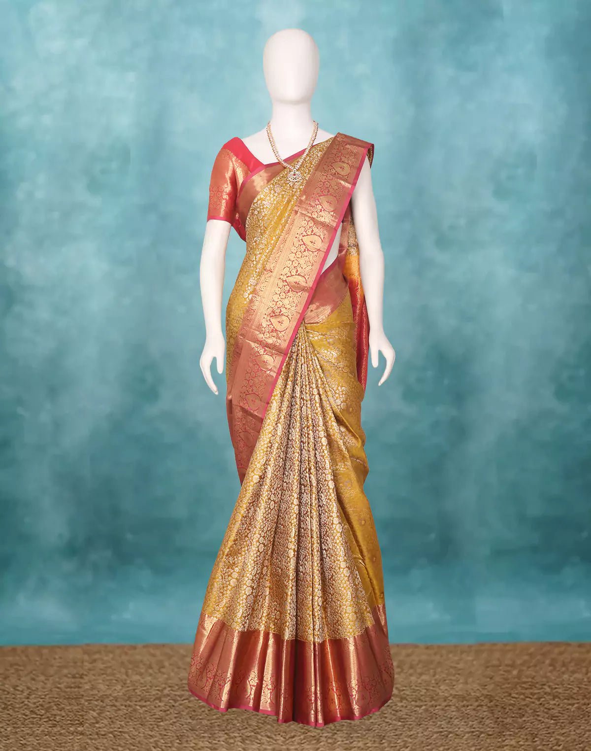 Image of Mustard Floral with Paisely Kanchi Bridal Silk Saree and Contrast Zari Border - South India Shopping Mall