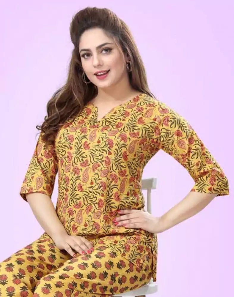 Image of Mustard Paisley Cotton Printed Night Suit - South India Shopping Mall
