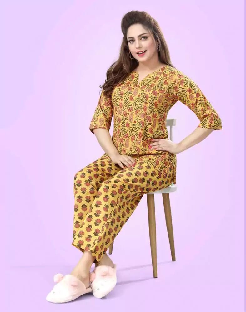 Image of Mustard Paisley Cotton Printed Night Suit - South India Shopping Mall