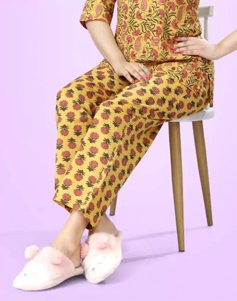 Image of Mustard Paisley Cotton Printed Night Suit - South India Shopping Mall