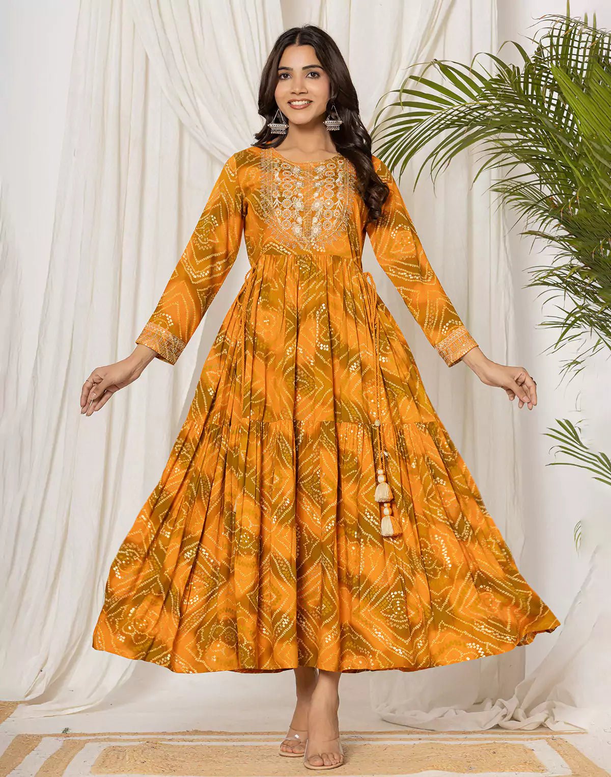 Mustard Rayon Bandhini Print Kurti in Round Neck - South India Shopping Mall