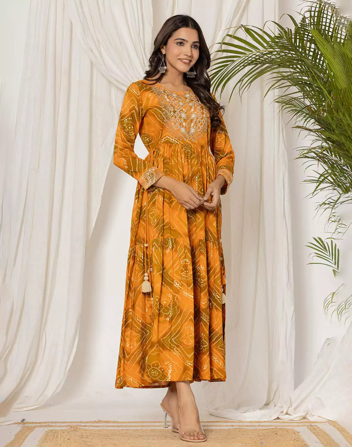 Image of Mustard Rayon Bandhini Print Kurti in Round Neck - South India Shopping Mall