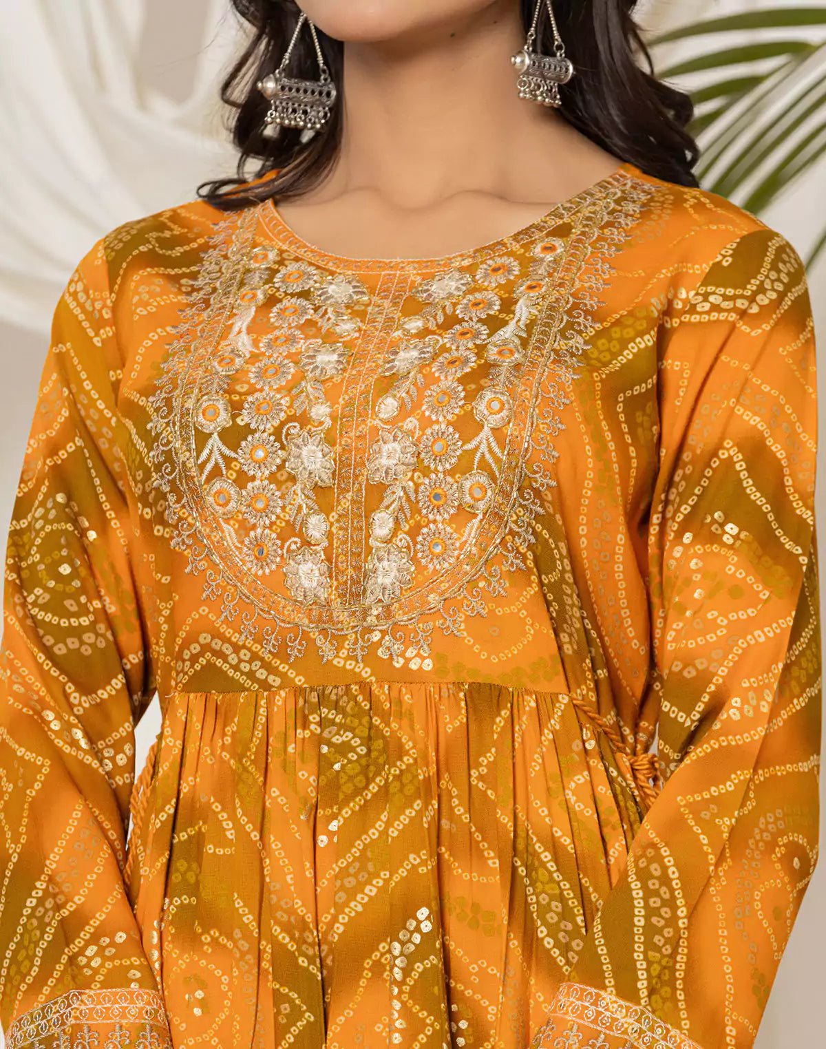 Image of Mustard Rayon Bandhini Print Kurti in Round Neck - South India Shopping Mall