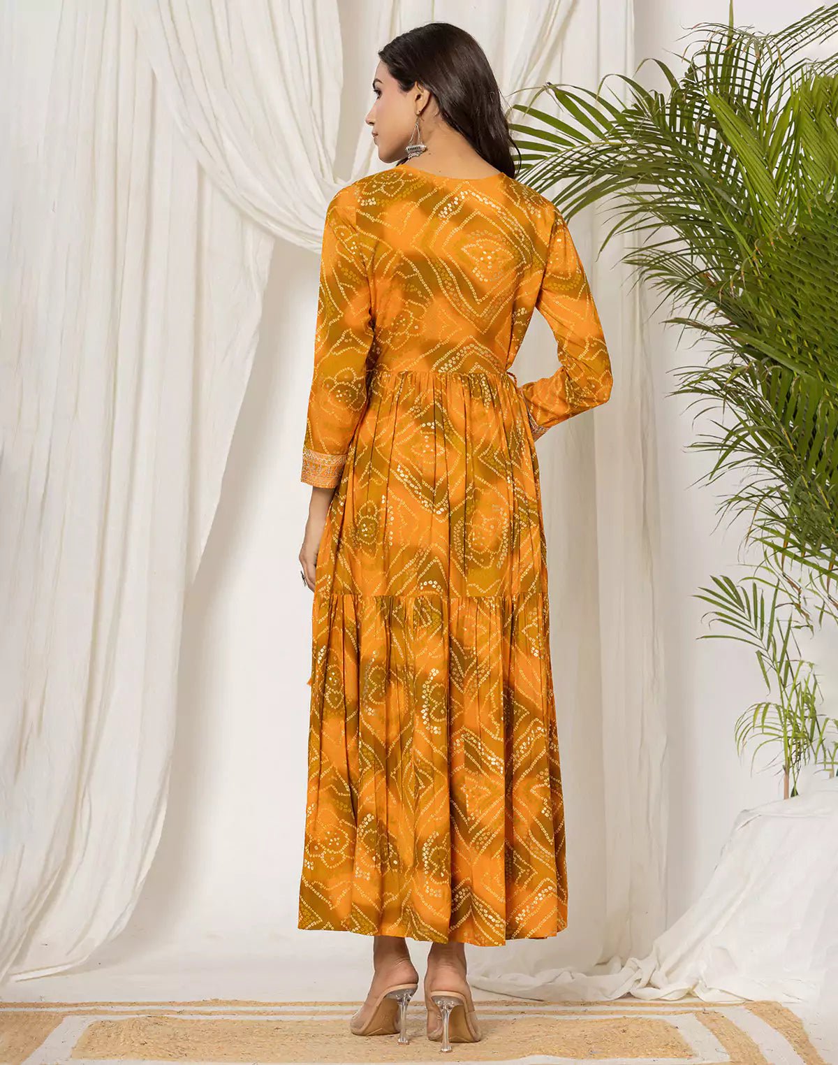 Image of Mustard Rayon Bandhini Print Kurti in Round Neck - South India Shopping Mall