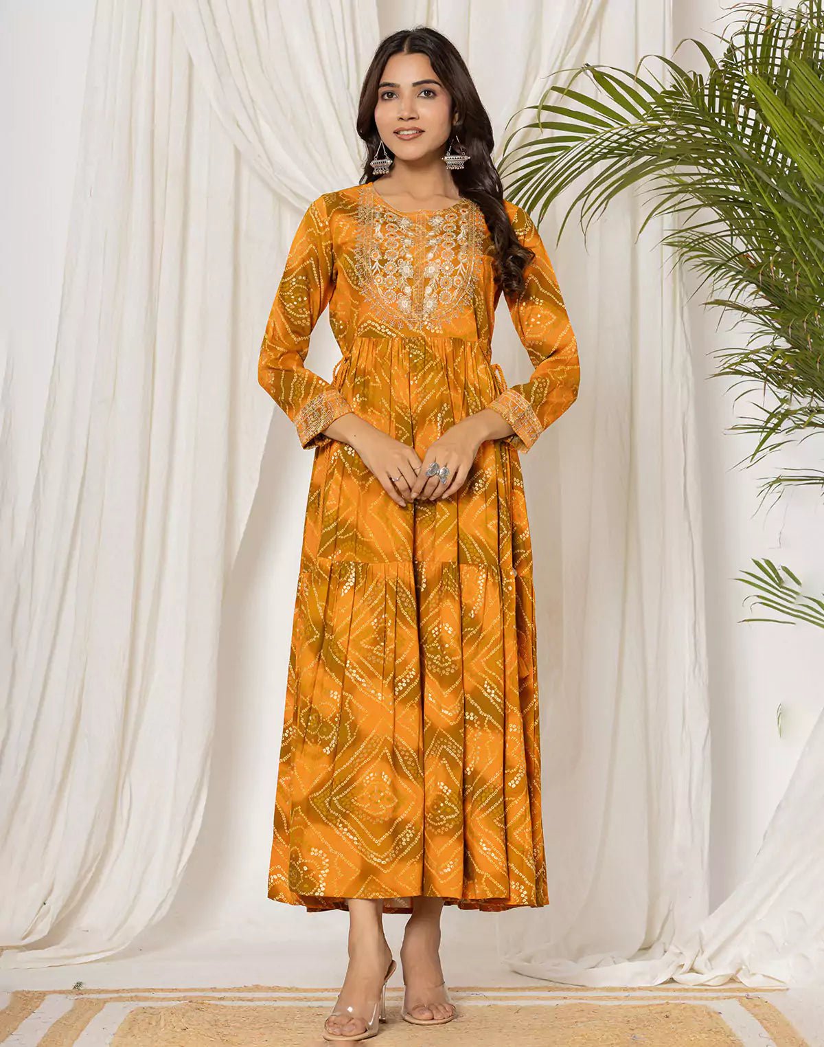 Mustard Rayon Bandhini Print Kurti in Round Neck - South India Shopping Mall