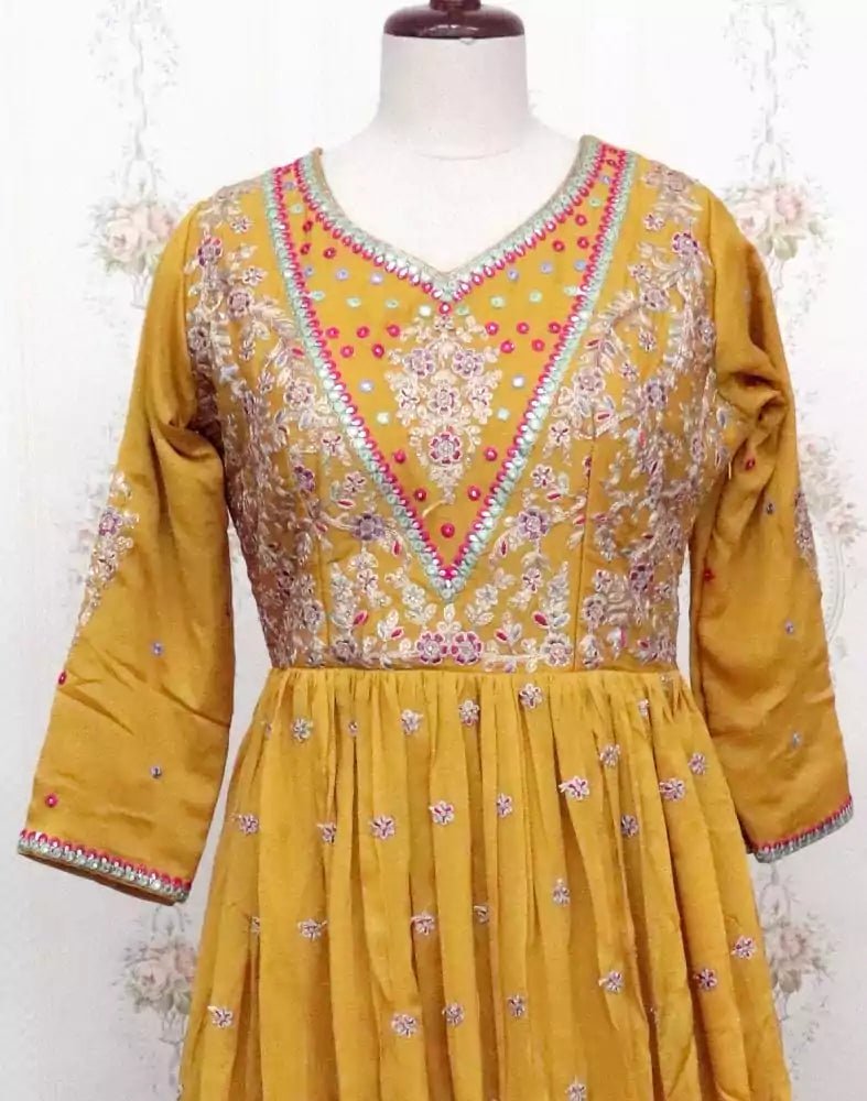 Image of Mustard Semi Georgette fabric Kurti with Dupatta - South India Shopping Mall