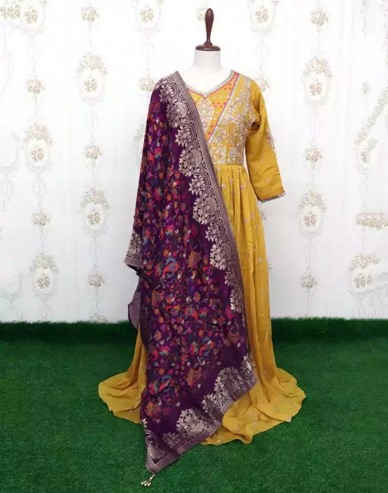 Image of Mustard Semi Georgette fabric Kurti with Dupatta - South India Shopping Mall