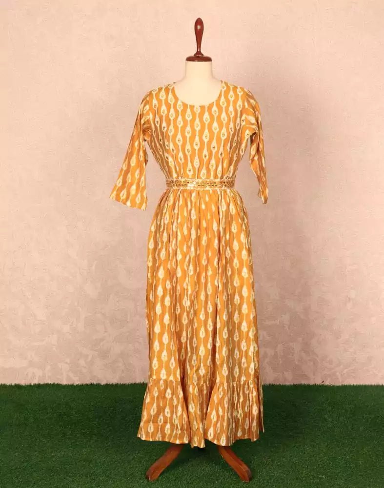 Image of Mustard Striped Mirror work Cotton Silk Kurti - South India Shopping Mall