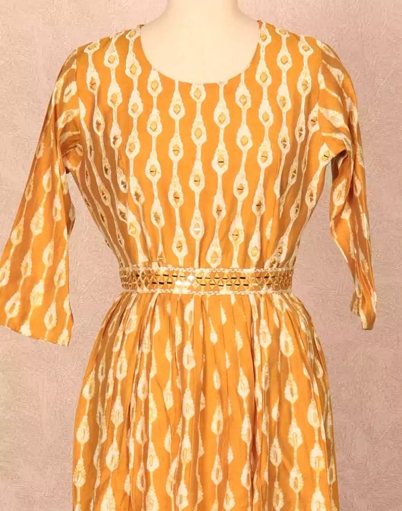 Image of Mustard Striped Mirror work Cotton Silk Kurti - South India Shopping Mall