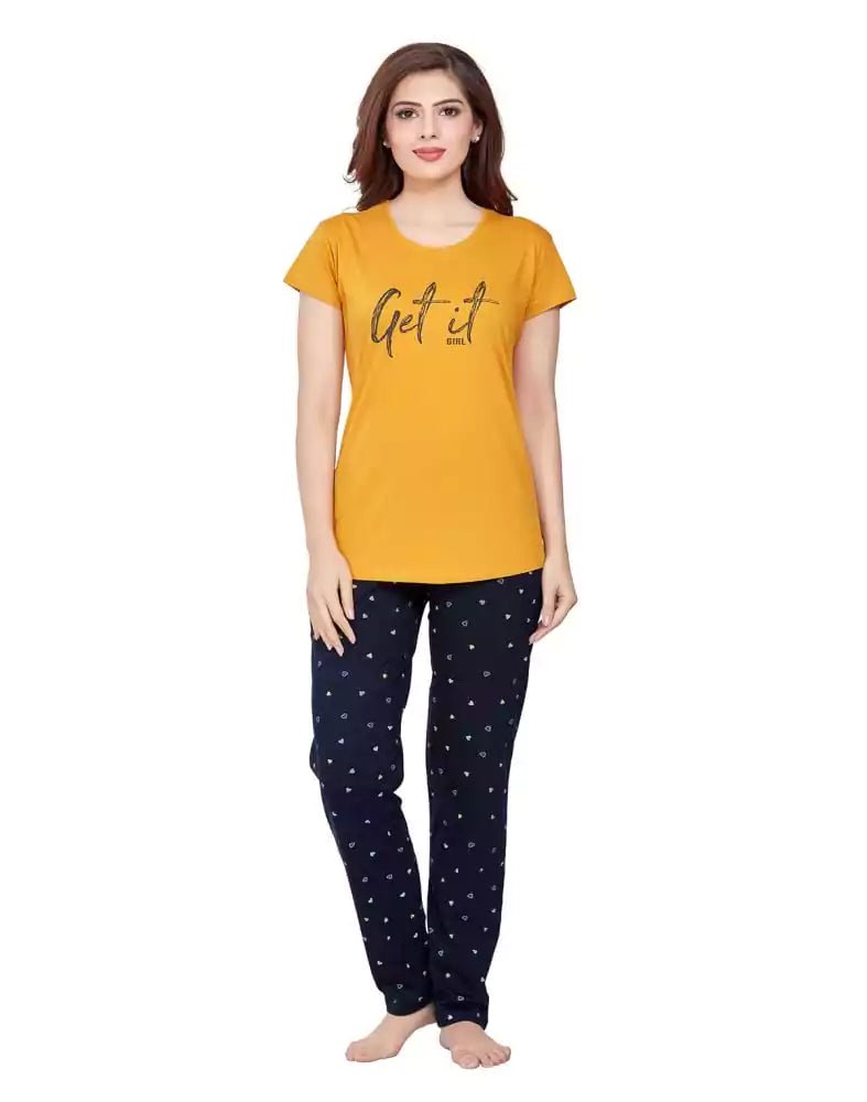 Image of Mustard Typography Cotton Printed Night Wear - South India Shopping Mall