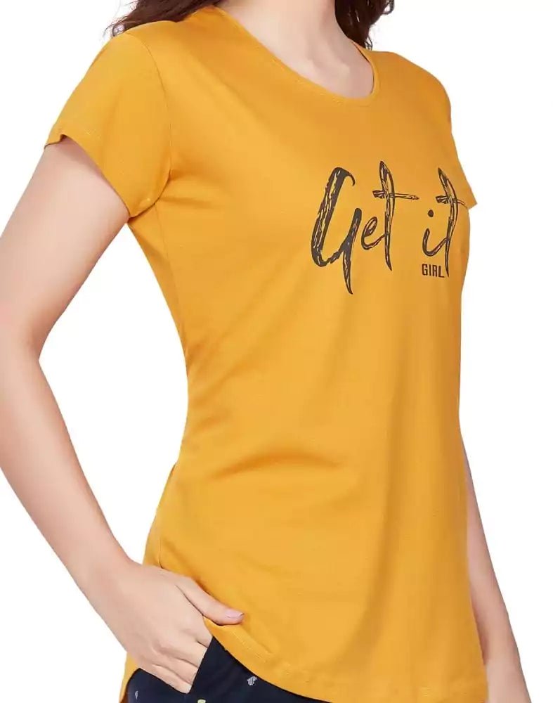 Image of Mustard Typography Cotton Printed Night Wear - South India Shopping Mall