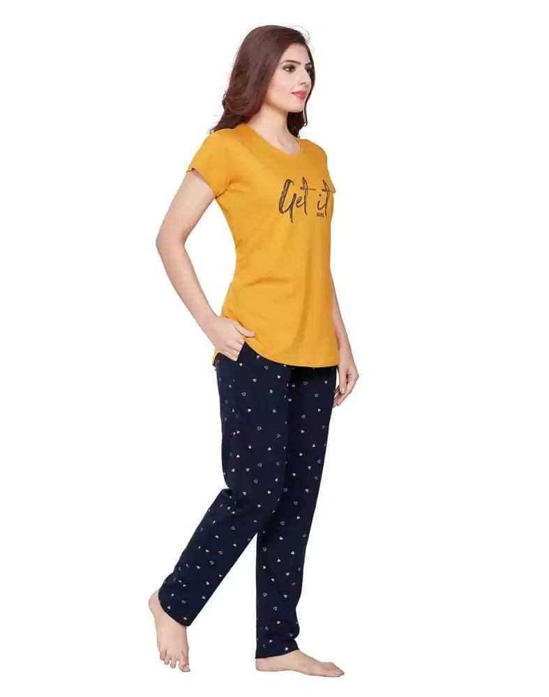 Image of Mustard Typography Cotton Printed Night Wear - South India Shopping Mall