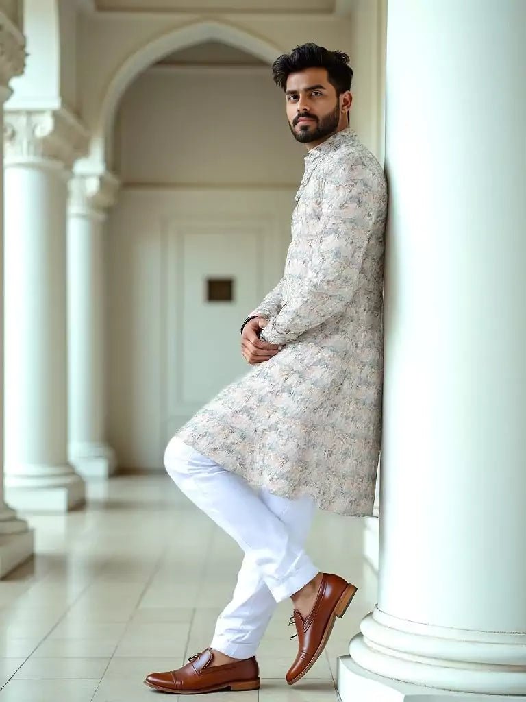 Image of Natural Beige Graphic Design Cotton Kurta - South India Shopping Mall