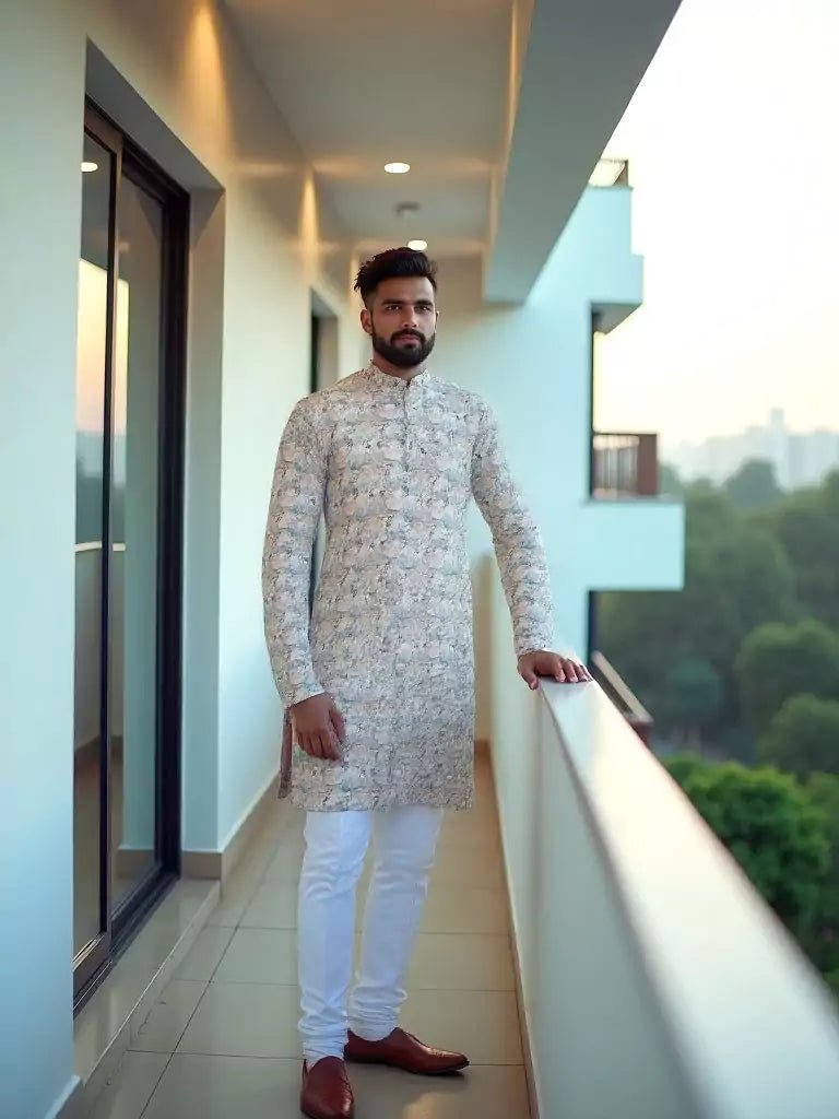 Image of Natural Beige Graphic Design Cotton Kurta - South India Shopping Mall